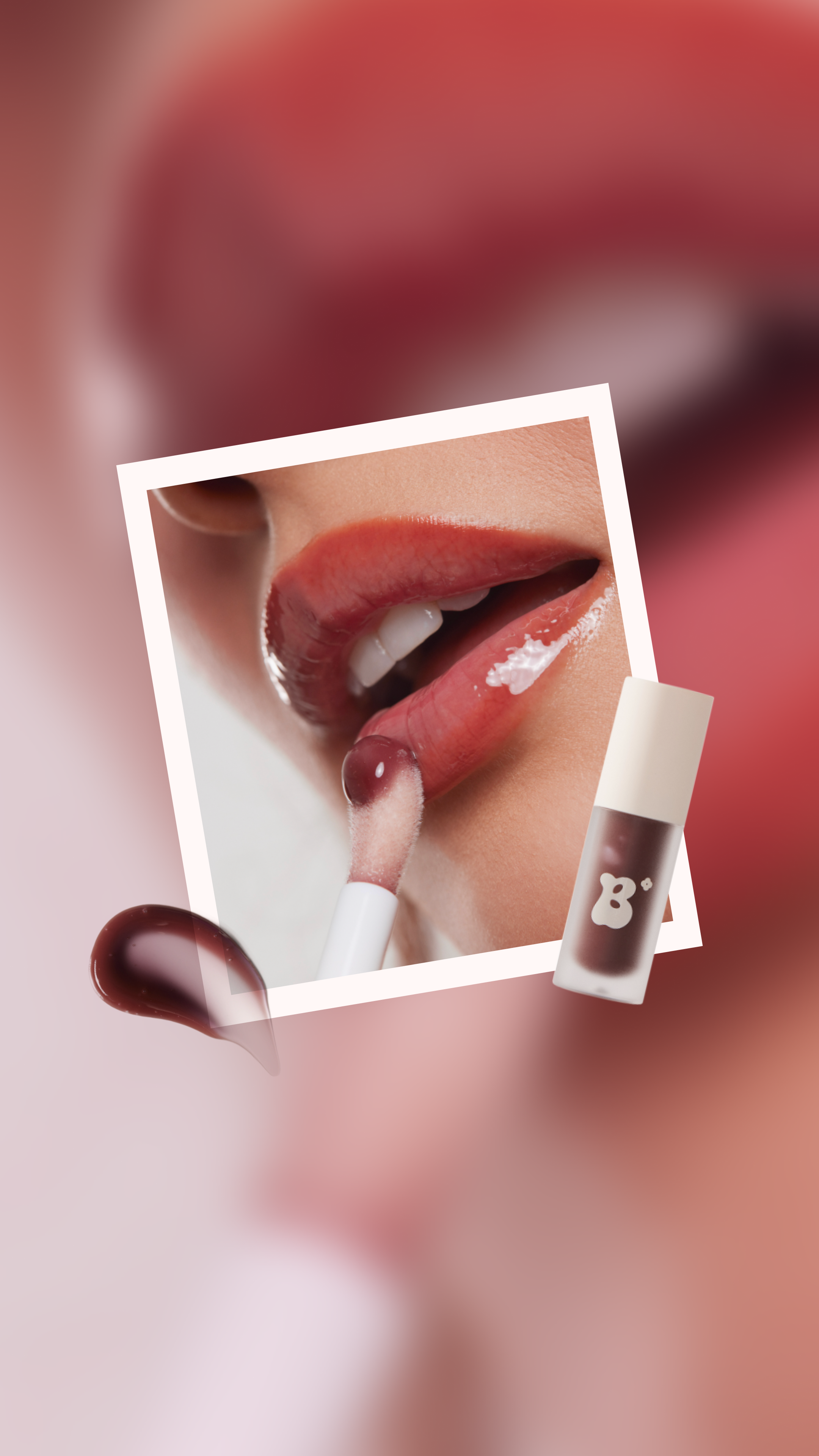 Close-up of a woman applying lip gloss with a white applicator, with a mirror reflecting her lips, surrounded by abstract smears of lip gloss and a lipstick tube.