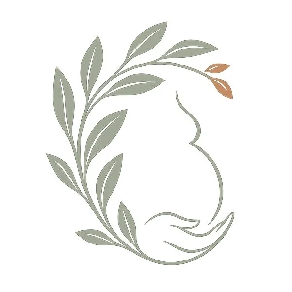 Minimalist outline of a pregnant woman with a leafy branch and small flowers