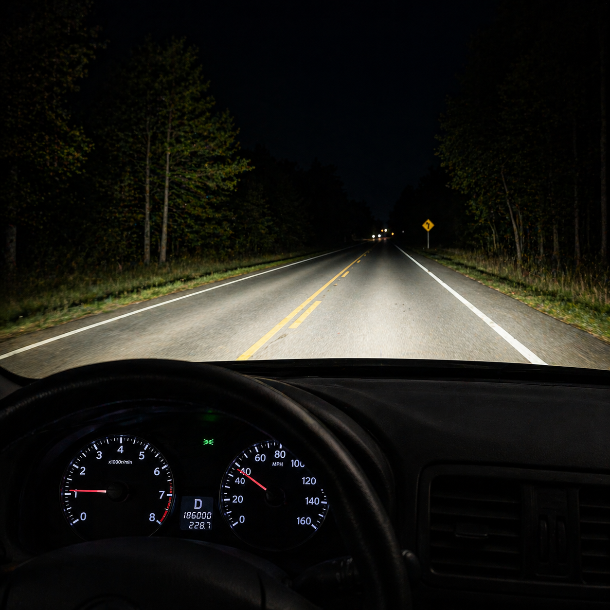 View from inside a vehicle at night, showing the dashboard and road ahead with trees on both sides, curve warning sign, and distant taillights.