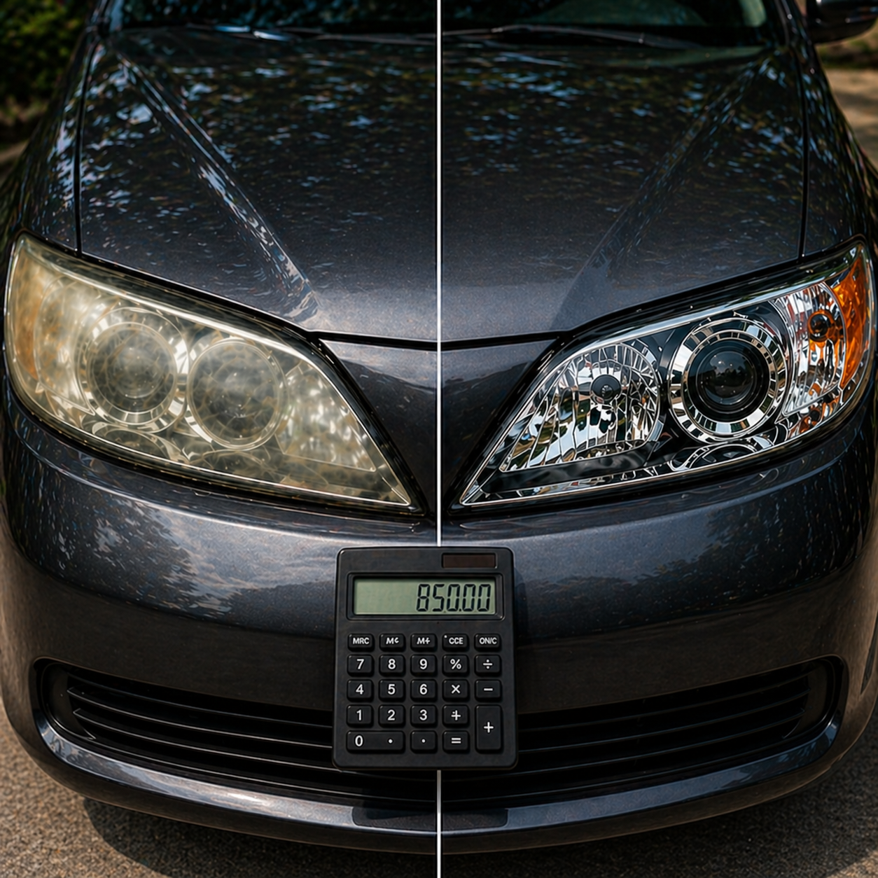 A split photo of a car's front, showing half with cloudy headlights and half with clear, modern headlights. A calculator displaying '850.00' is placed in front of the car.