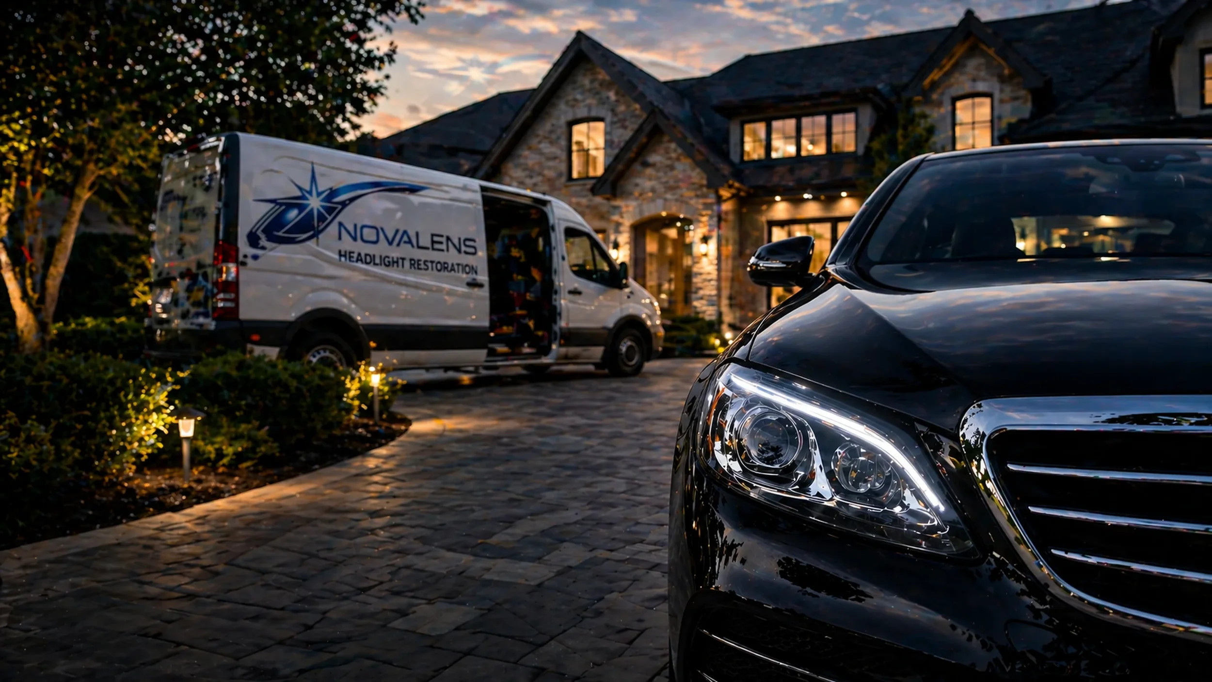 A luxurious modern house with stone facade, illuminated windows, and a driveway with cars parked, including a black car in the foreground and a vehicle labeled 'Novalens Headlight Restoration' parked outside at sunset.
