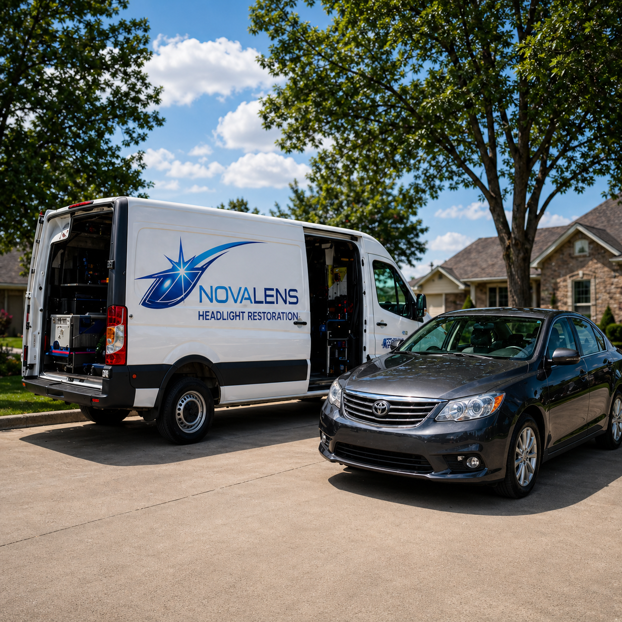 A white van with 'Novalens Headlight Restoration' logo is parked next to a gray Toyota sedan on a suburban street under a large tree, with houses in the background and a blue sky with scattered clouds.