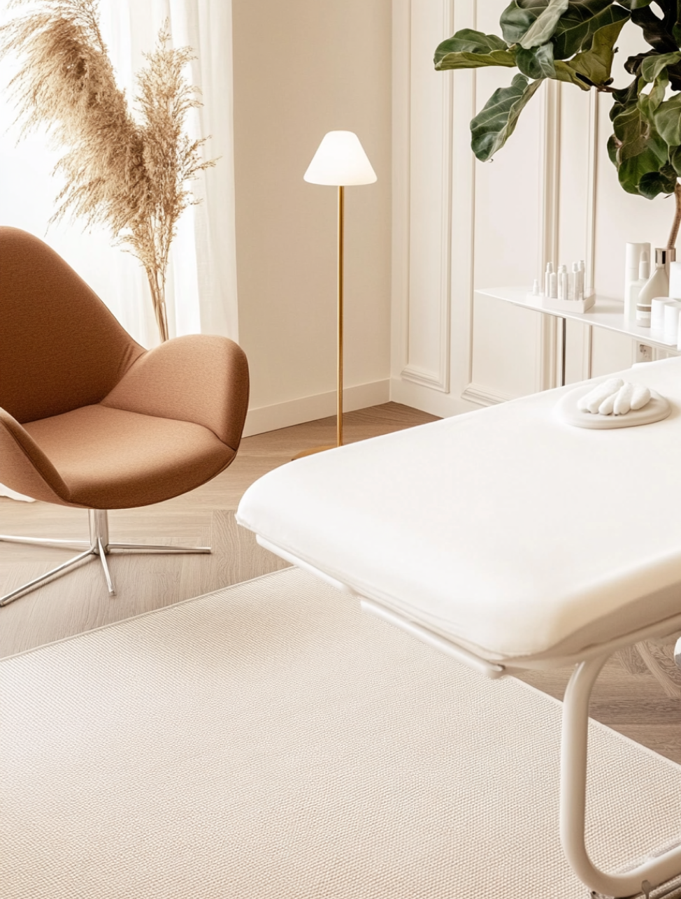 A cozy, minimalistic room with a white massage table, a modern brown armchair, a tall floor lamp, and a side table with skincare products. There are tall decorative plants and natural light coming through sheer curtains.