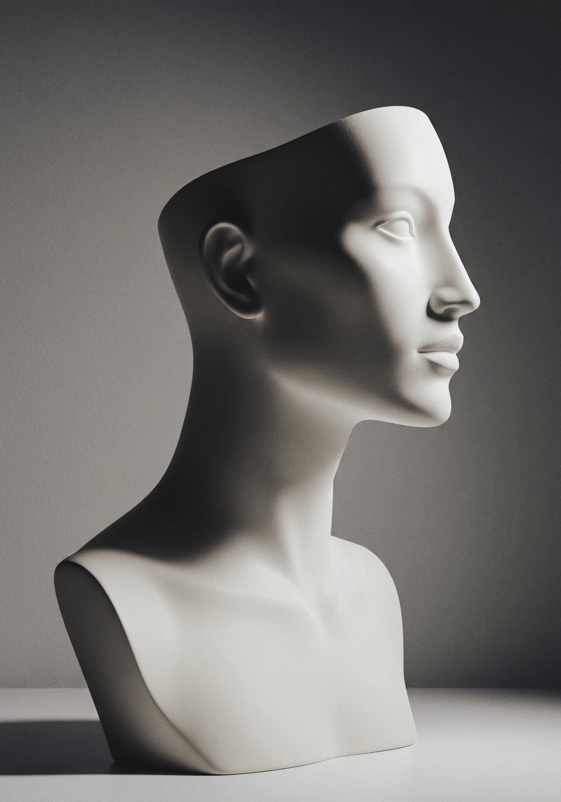 Gray mannequin head and neck with closed eyes, nose, mouth, and ears, set against a gradient background.