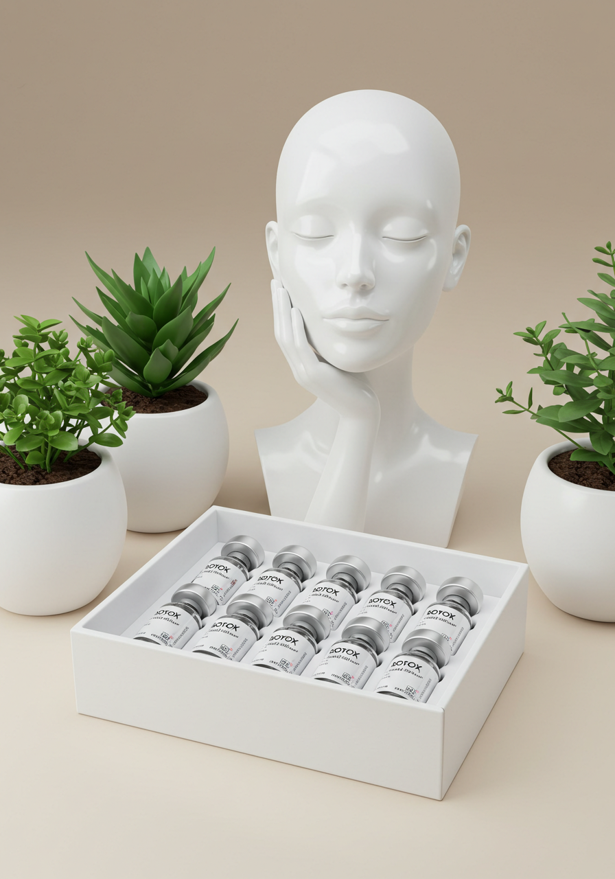 A white mannequin head with eyes closed, resting her face on her hand, surrounded by potted green plants, with a tray of small vials labeled 'OTOX' in the foreground.