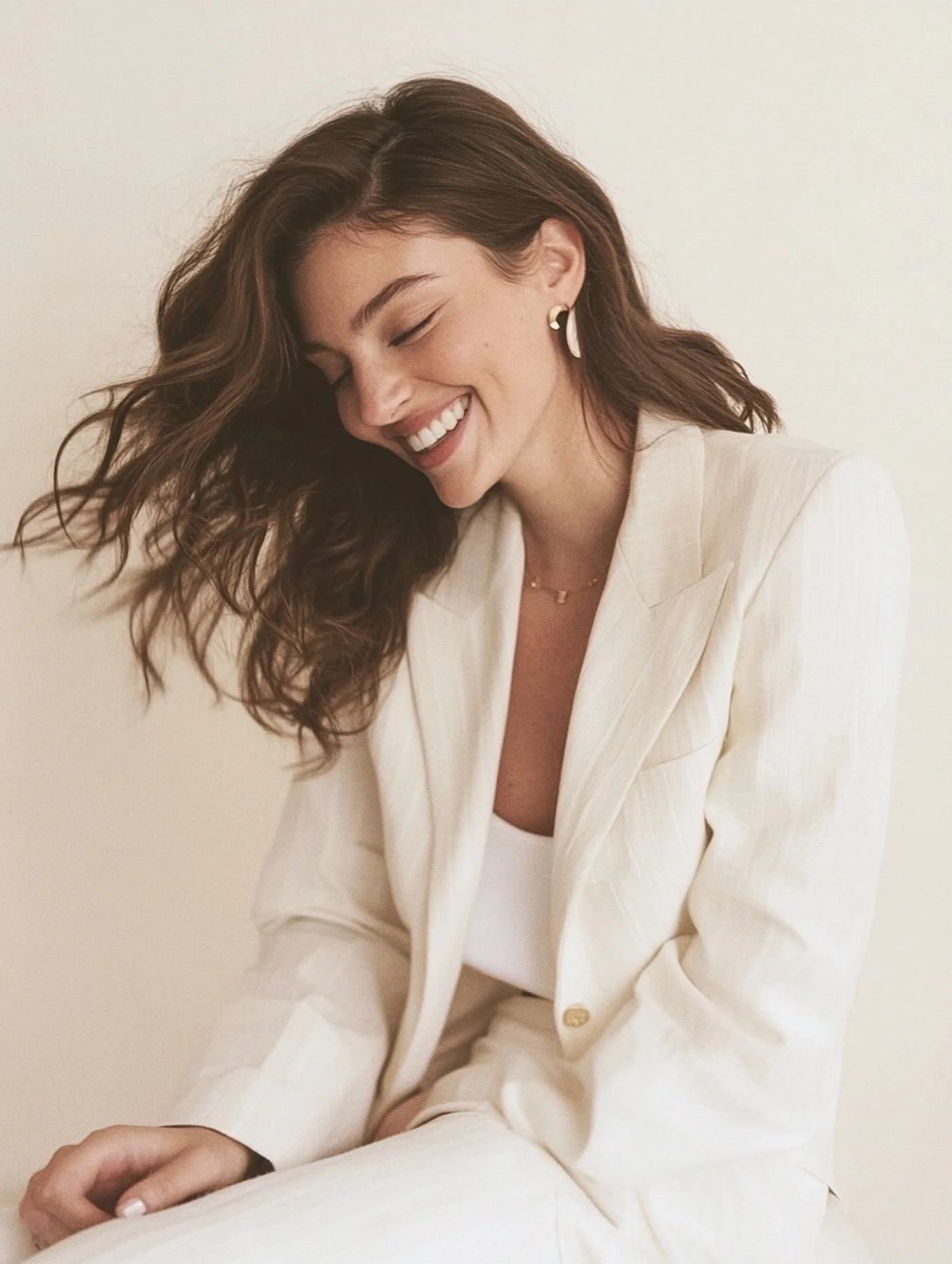 A woman with wavy brown hair smiling and closing her eyes, wearing a cream-colored suit with a white top and gold jewelry, against a plain light background.