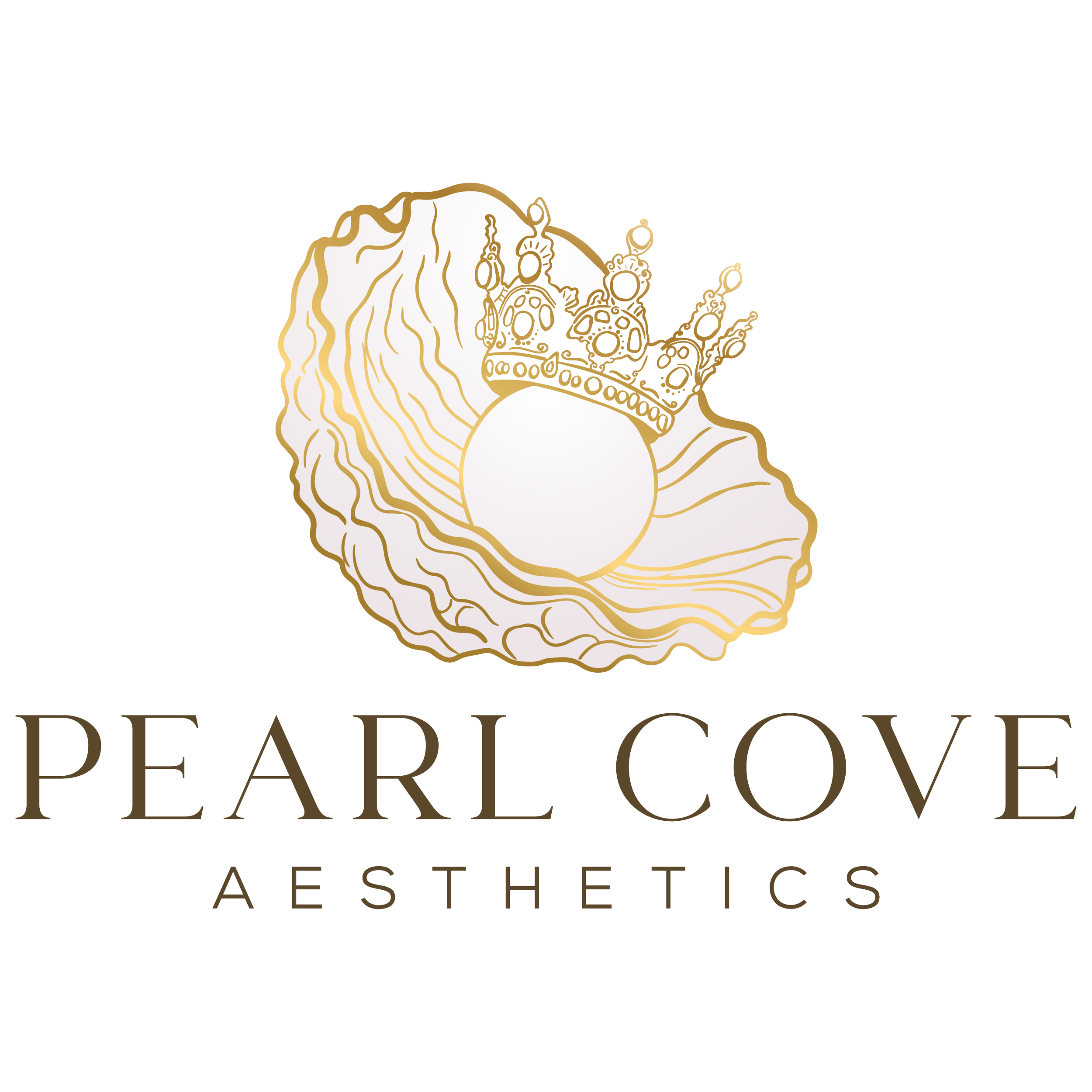 Logo of Seashell with large Pearl within it wearing an ornate bejeweled crown with words Pearl Cove Aesthetics
