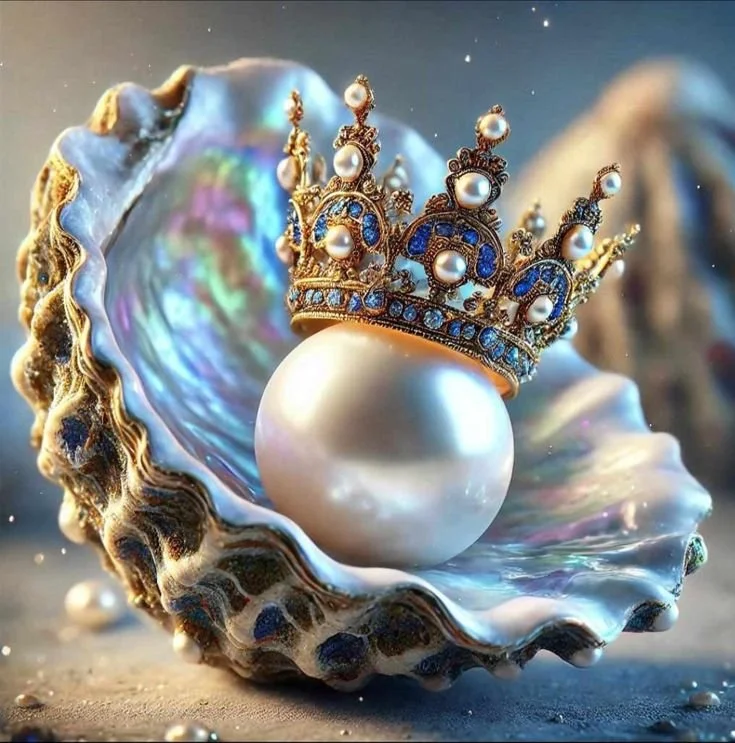At Pearl Cove Aesthetics in Alpharetta, our mascot pearl with a decorative crown on top is inside a large, open oyster shell decorated with colorful iridescence and textured edges.