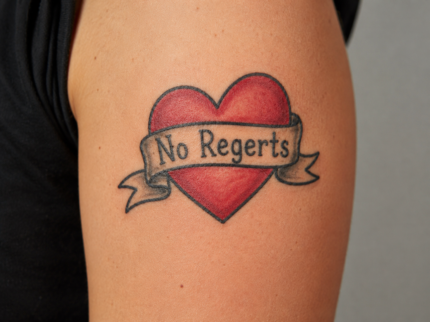 An upper arm with red heart tattoo with banner across saying "No Regerts".
