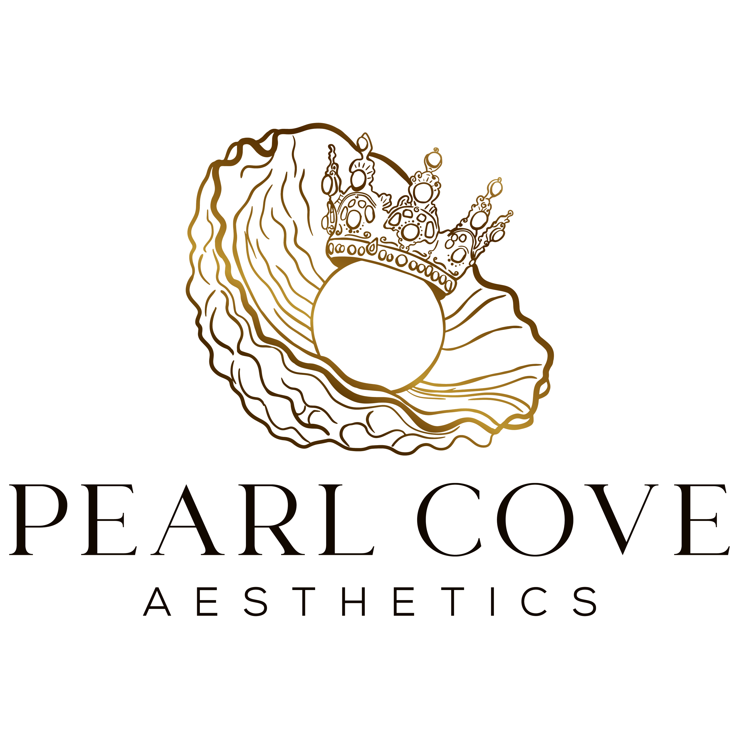 A logo with a stylized gold outline of a woman's profile wearing a crown, with text that reads 'PEARL COVE AESTHETICS'.