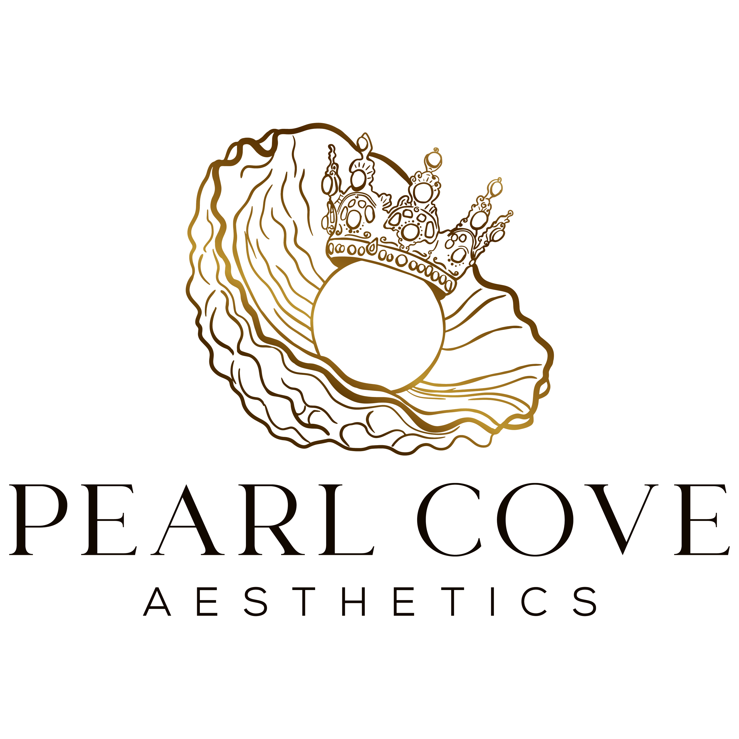 Drawing of oyster shell with pearl wearing crown with wording "Pearl Cove Aesthetics" appearing as a logo.