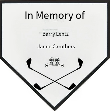 Memorial plaque with the text 'In Memory of Barry Lentz, Jamie Carothers,' featuring a cartoon frog holding two hockey sticks.