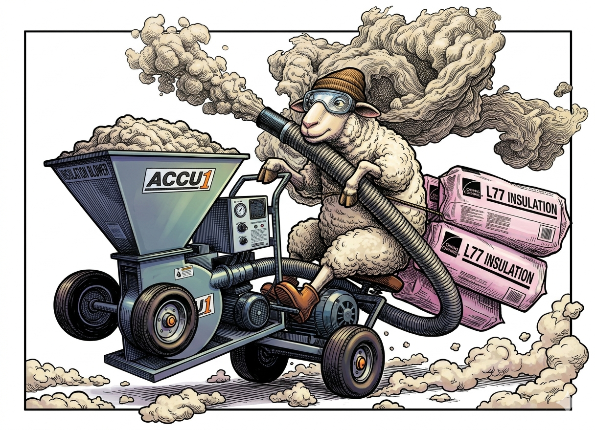 A cartoon sheep wearing goggles and a beanie riding a small mechanical machine that releases smoke. The sheep is carrying pink insulation labeled 'L77 INSULATION' in bags and operating the machine, which is labeled 'ACCU1' and has various controls and pipes.