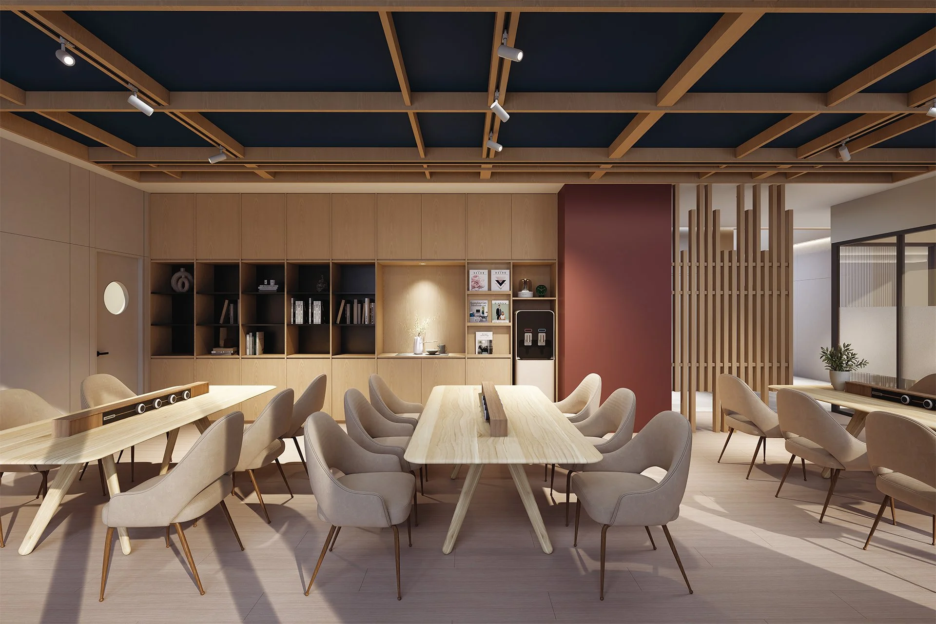 Modern conference room with wooden tables and beige chairs, bookshelf and decor on the back wall, wooden slats partition, and ceiling lights.