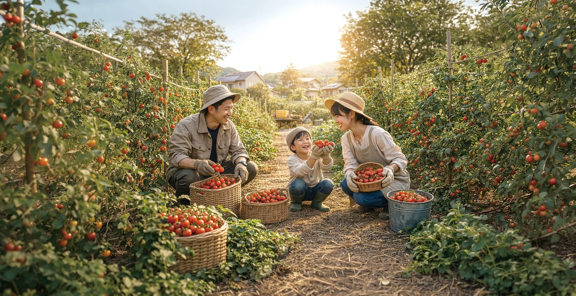 A family of three picking tomatoes in a farm field during sunset, smiling and enjoying their harvest.
