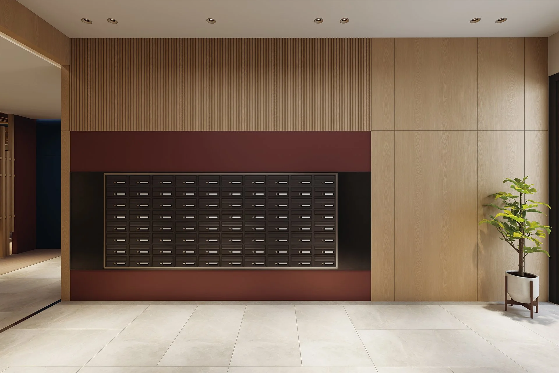 A modern interior wall with a row of black mailboxes, wood paneling, and a potted plant in the corner.