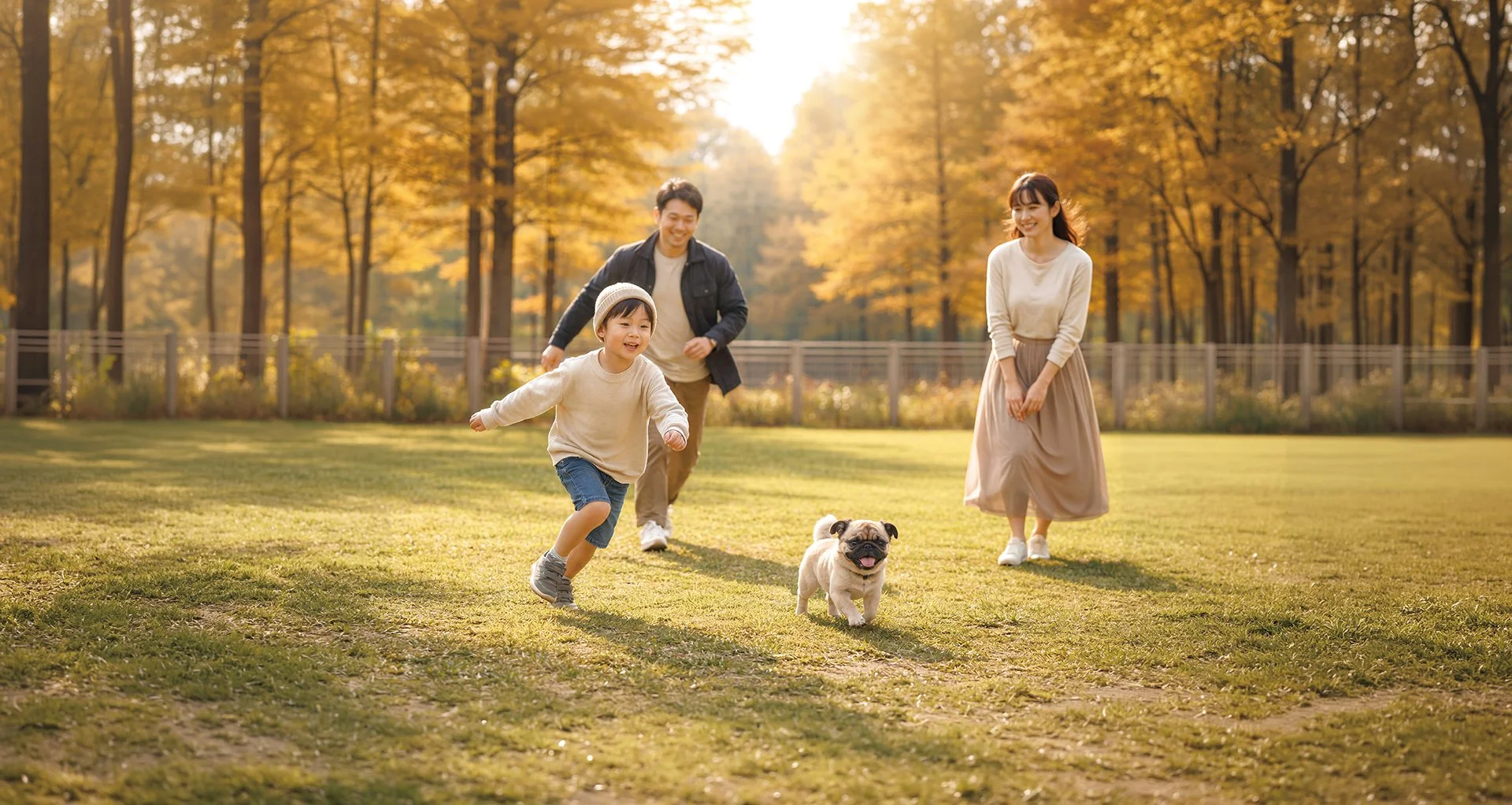 A family of three and their dog playing outdoors in a park during autumn, with trees displaying orange and yellow leaves.