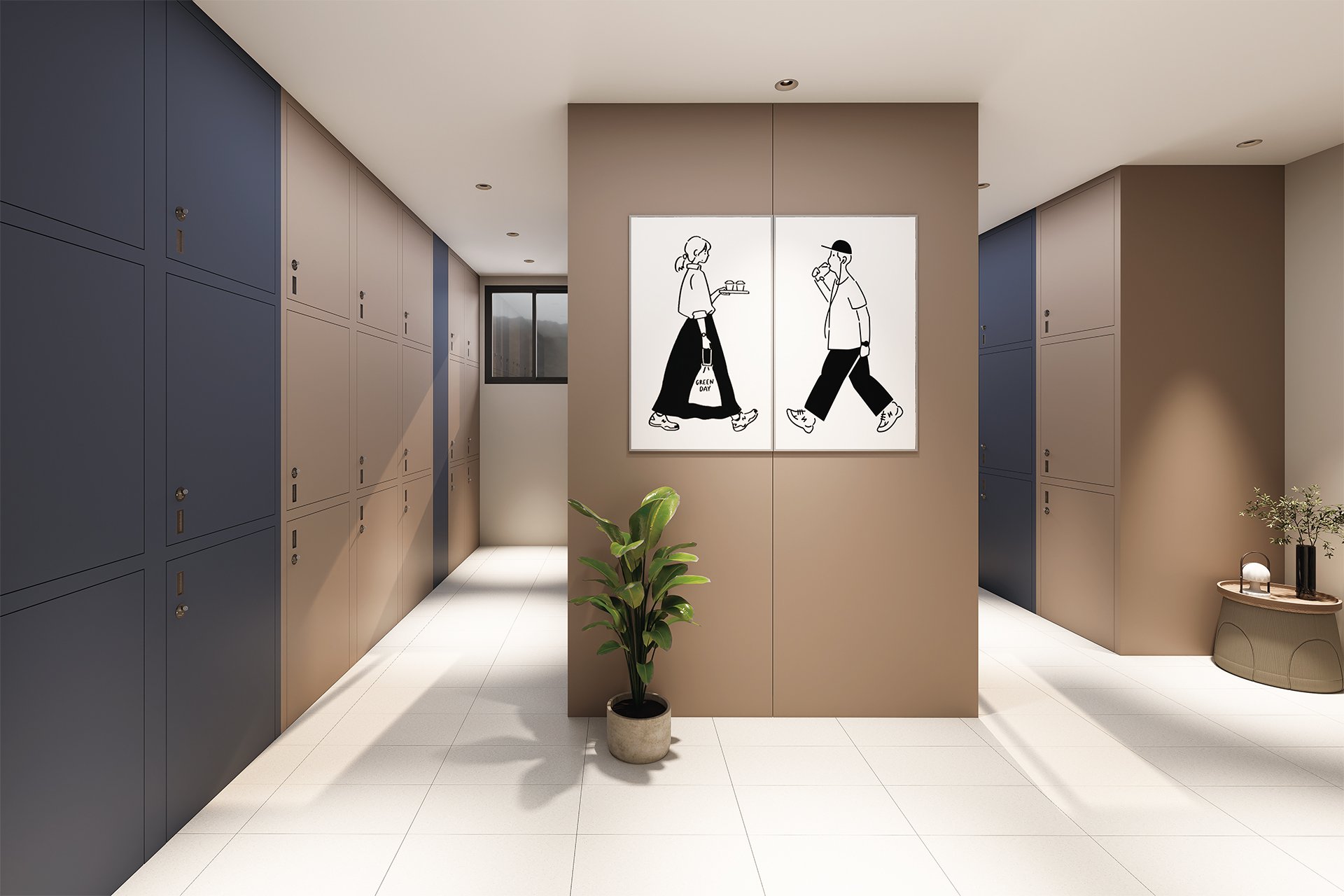 Modern hallway with lockers on both sides, a potted plant, and a black-and-white art piece of two people talking, one holding a tray and the other drinking from a bottle.