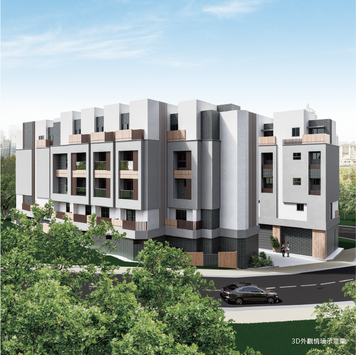 3D rendering of a modern multi-story residential building with balconies, surrounded by greenery and a curved road with a car and pedestrians.