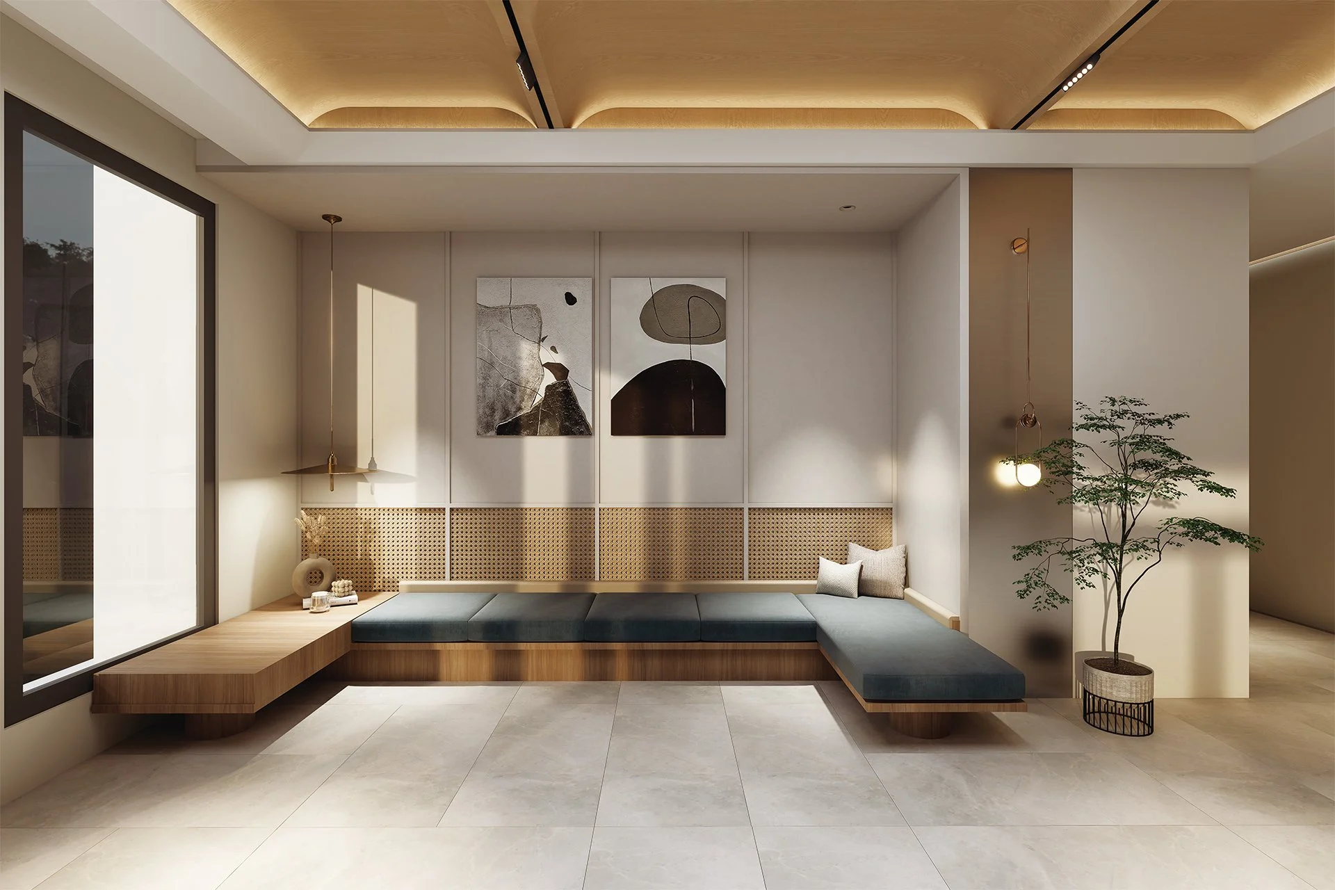 Modern minimalist seating area with built-in bench, two abstract art pieces on the wall, hanging pendant lights, a small table with decor, and a potted plant, in a well-lit room with ceiling lighting and neutral tones.