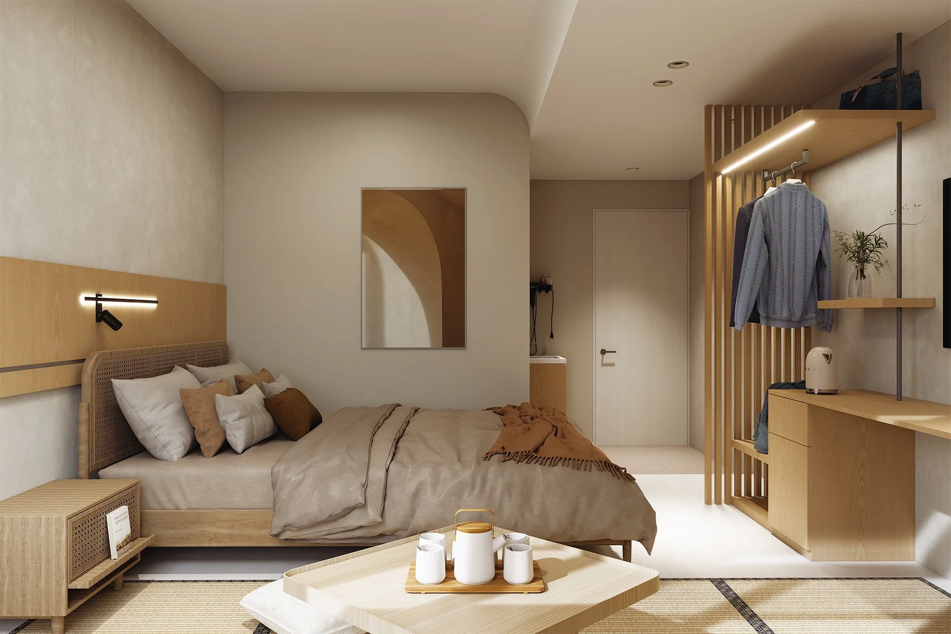 Modern bedroom with a bed, pillows, and beige bedding, wooden furniture, a mirror, hanging clothes, and a small dresser with a tea kettle, all in a neutral color palette.