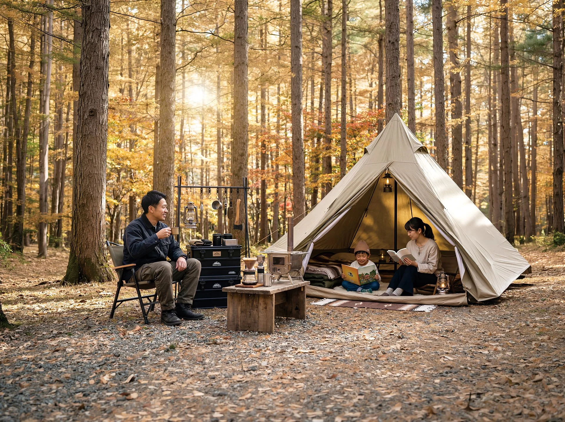 A family camping in a forest with autumn foliage, sitting outside a beige tent. The father is enjoying a drink while the mother and children sit inside the tent reading and smiling, surrounded by camping gear and lanterns.