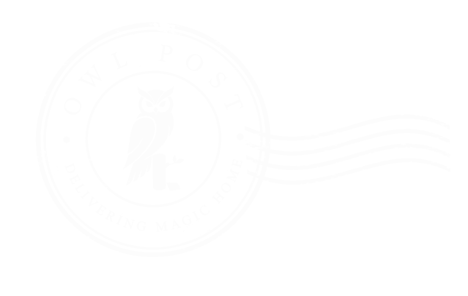 Black and white graphic of a postal stamp with an owl illustration in the center. The owl has angry eyes and is perched on a branch. Around the owl, there's text that reads 'Owl Post Delivery Magic Home' and five wavy lines to the right resembling a postmark cancellation mark.