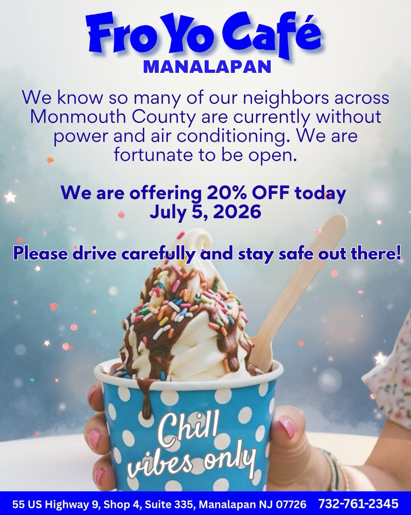 Come charge your phones, cool down, and treat yourself to something refreshing. Please drive carefully and stay safe out there!

#manalapan #marlboro #howell #freehold #jackson