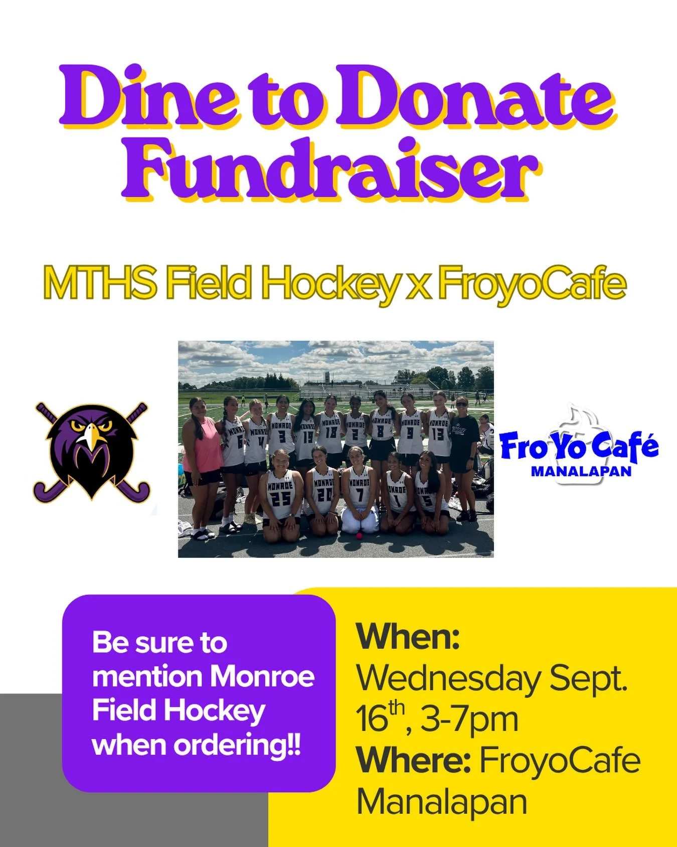 Dine to donate is back for the school season, reach out to book with us!!📚📓🚌
#monroefieldhockey #frozenyogurt #monroe #froyocafe #monmouthcounty