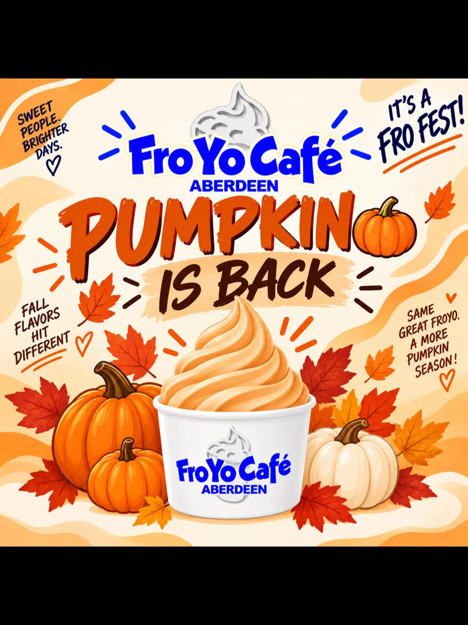 IT&rsquo;S A FRO FEST! 🎃🍦 Pumpkin is BACK at Fro Yo Caf&eacute; Aberdeen! 🍂🧡 Come celebrate fall with one of our favorite seasonal flavors 👀🎃 #AberdeenNJ #MiddletownNJ #HazletNJ #ParlinNJ #OldBridgeNJ
