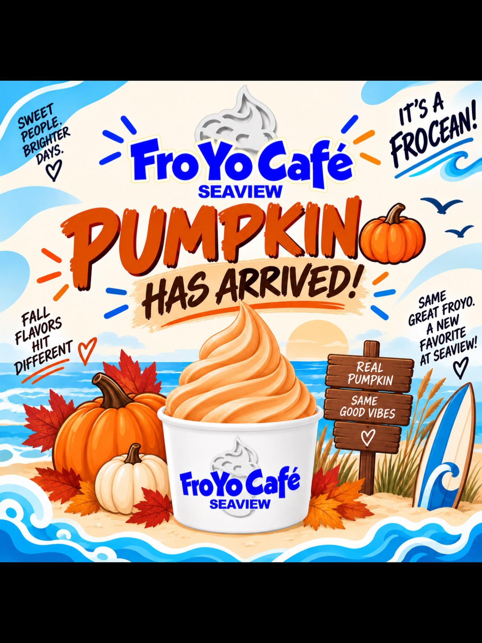 IT&rsquo;S A FrOCEAN! 🍦🎃 Pumpkin has officially arrived at Fro Yo Caf&eacute; Seaview! 🍂🧡 Come try our brand-new fall flavor and get your first taste of pumpkin season!
📍 Seaview Square Mall, Ocean, NJ
#SeaviewNJ #OceanNJ #FroYoCafe #PumpkinSeas