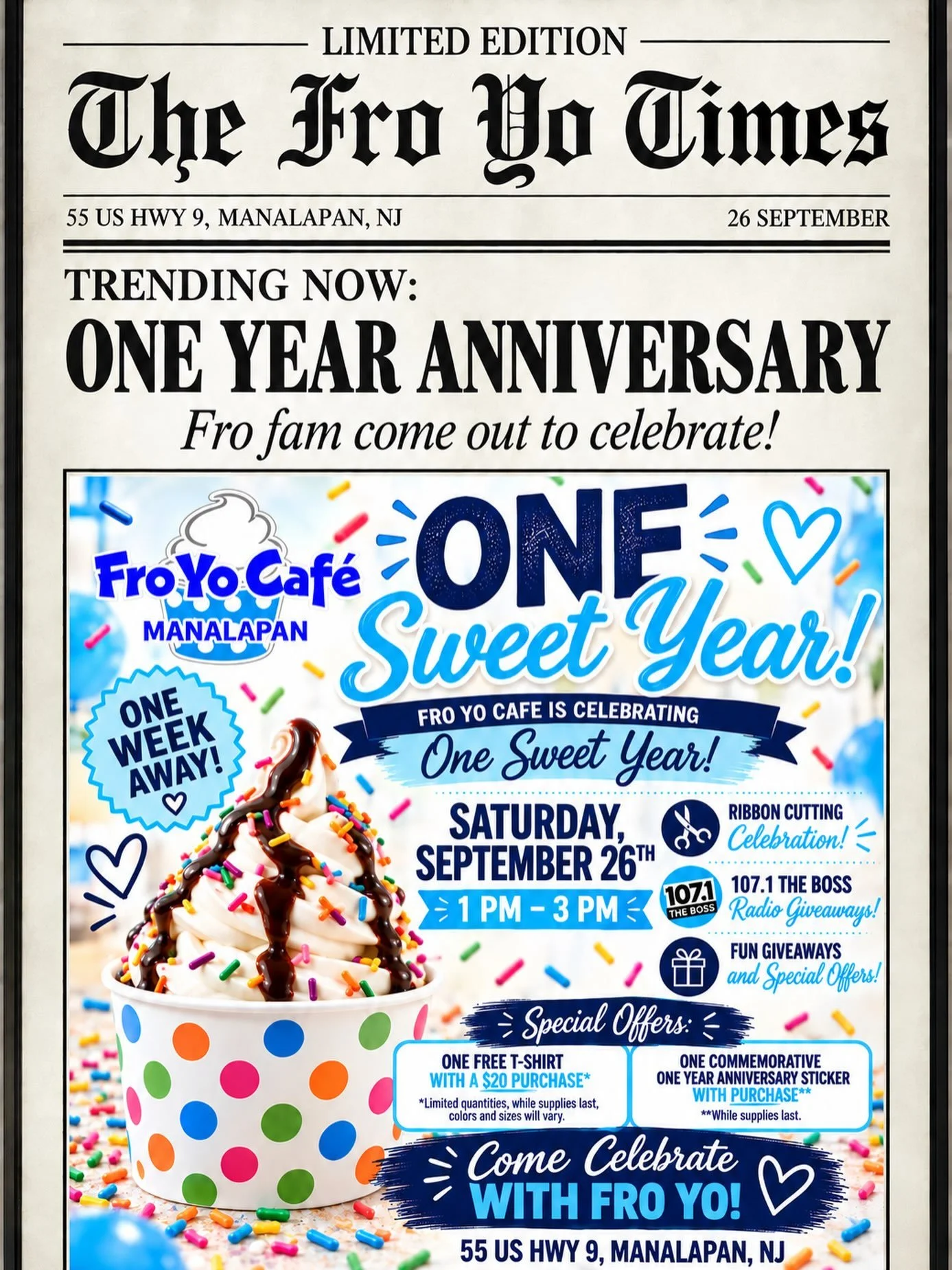 The fro yo times just came in&hellip; clear your schedules FRO FAM!! Come celebrate the best day of the year!! FRO TURNS ONE🎂🍨🥳🥳
#froyo #froyocafe #monmouthcountynj #manalapan #froyocafemanalapan