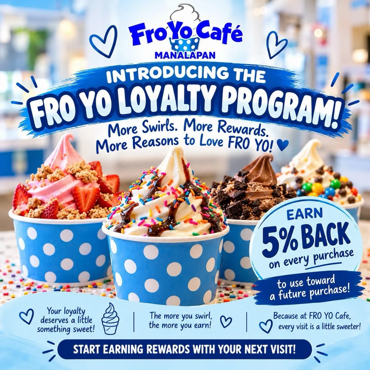 🎉 INTRODUCING THE FRO YO LOYALTY PROGRAM! 🎉

More Swirls. More Rewards. More Reasons to Love FRO YO! 💙

Your loyalty deserves a little something sweet! 🍦

Earn 5% BACK on every purchase to use toward a future purchase! The more you swirl, the mor