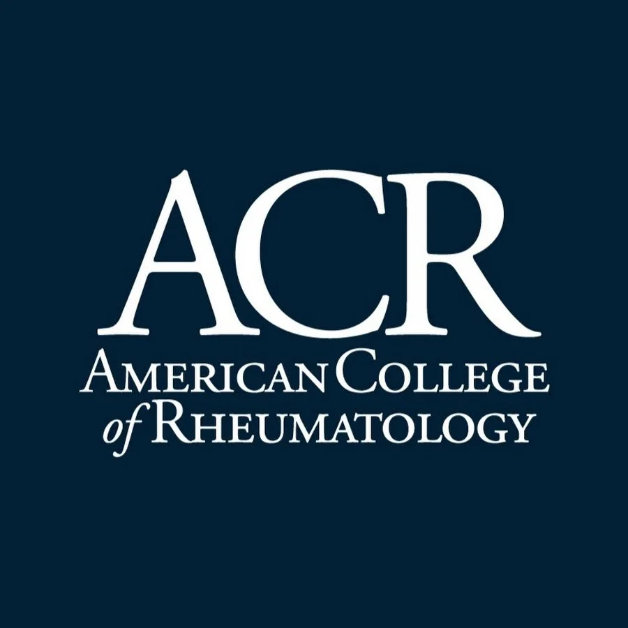 Logo for the American College of Rheumatology with initials ACR at the top and full name beneath on a dark blue background.