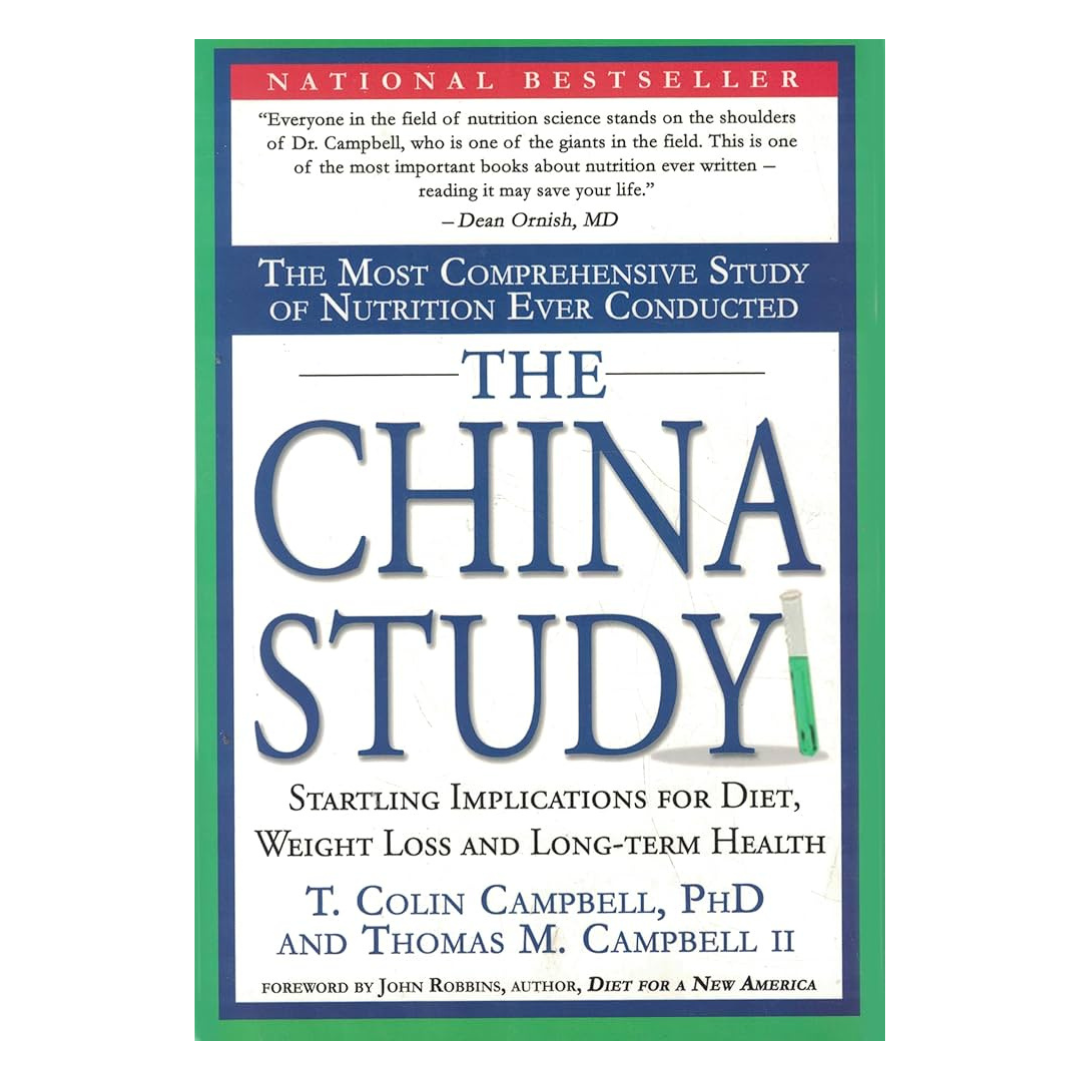Book cover titled 'The China Study' with a blue, green, and white color scheme, and an illustration of a test tube with green liquid.