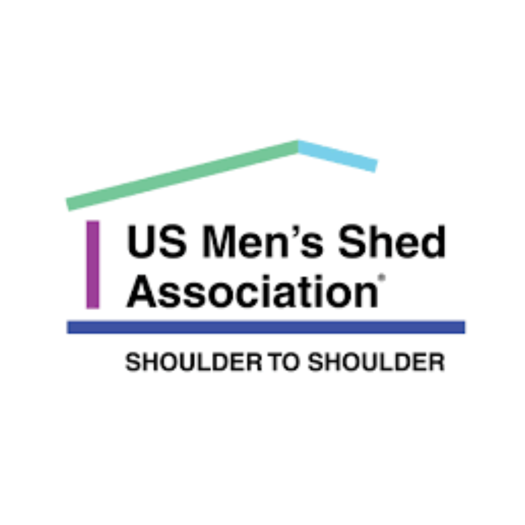 Logo of the US Men's Shed Association with a roof-like design in multiple colors and the slogan 'Shoulder to Shoulder'