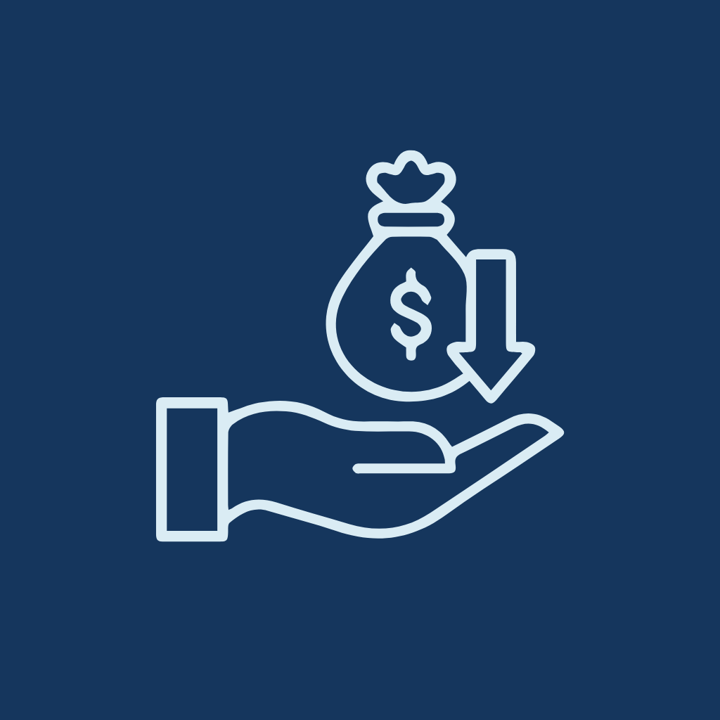 Icon of a hand holding a money bag with a dollar sign and an arrow pointing downward.
