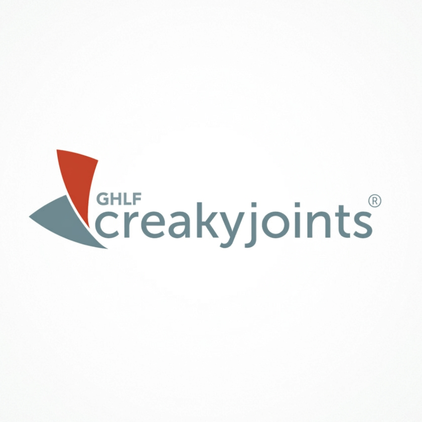 Logo with abstract shapes and text that says 'GHLF creakyjoints' for arthritis or joint health organization.