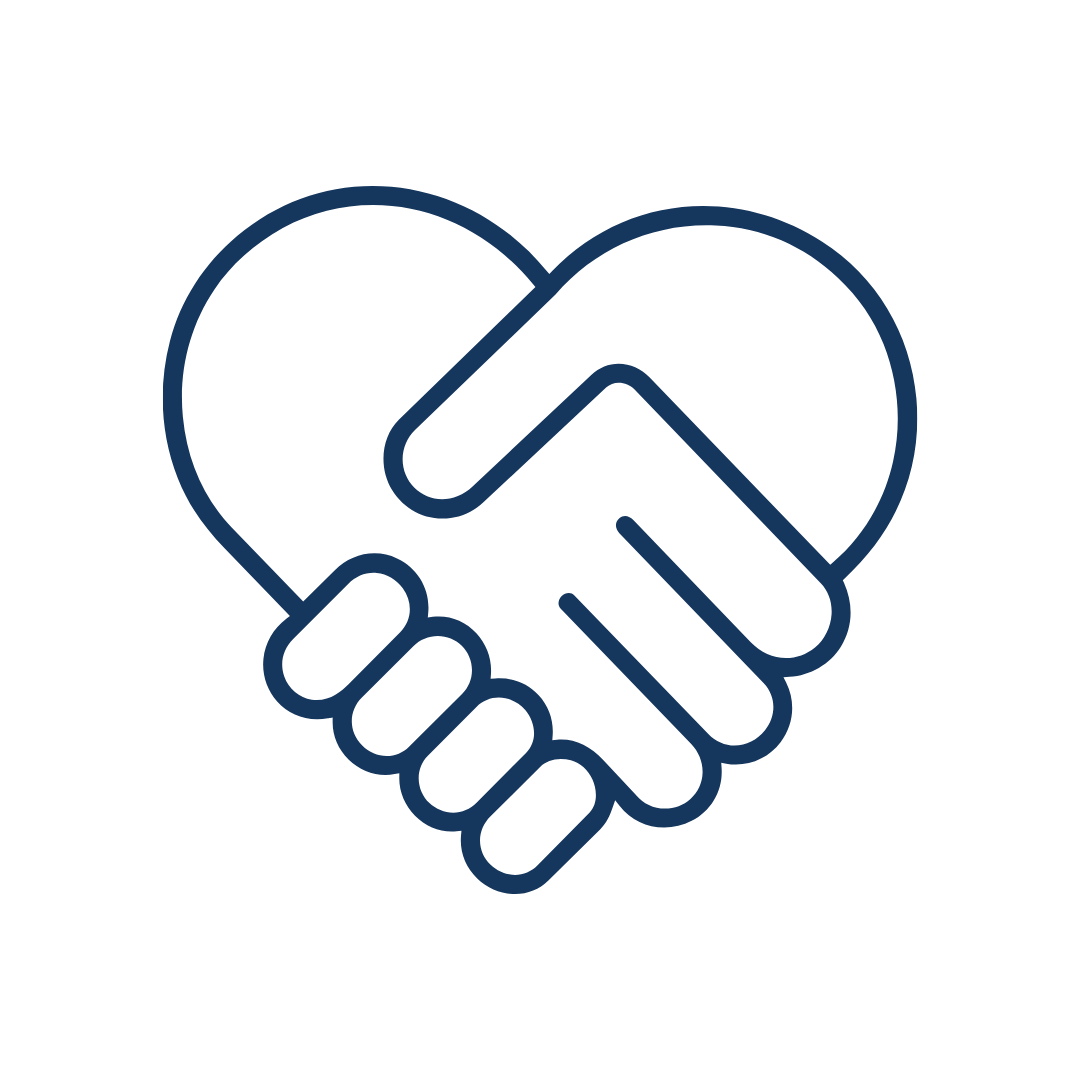 Icon line drawing of two hands shaking, forming a heart shape.