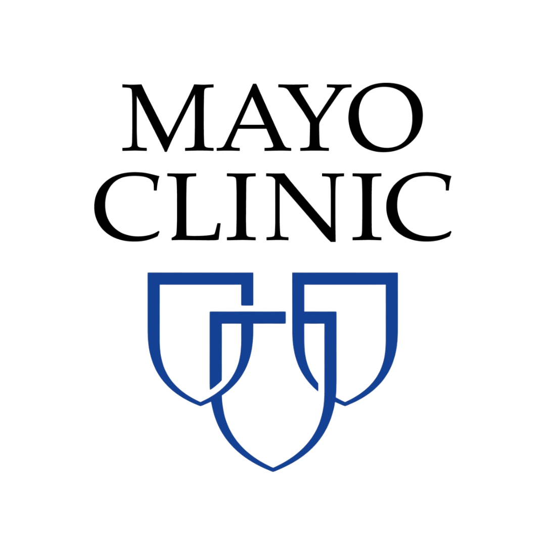Logo for Mayo Clinic with black text and three overlapping shields below.