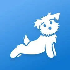 A white cartoon dog with a spiky hairstyle on a blue background.
