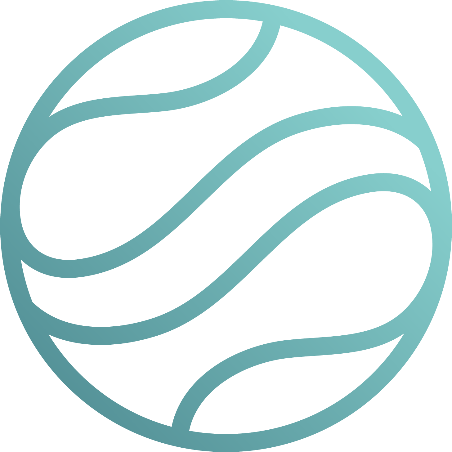 A stylized logo featuring a spherical shape with flowing, curved lines in a teal color on a black background.