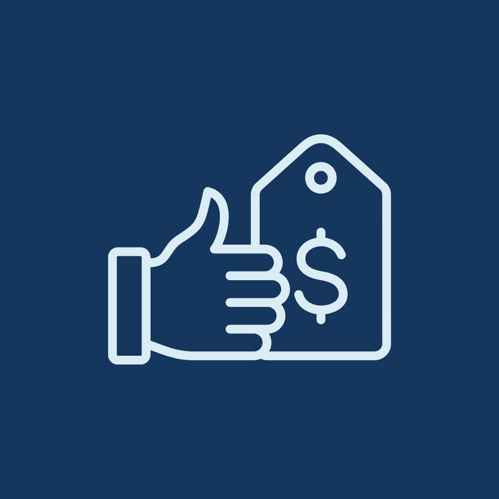 Icon of a hand giving a thumbs up next to a price tag with a dollar sign on it, on a dark blue background.