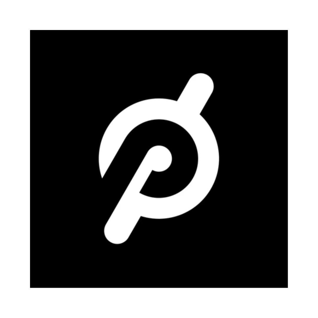 Dark background with a white stylized symbol resembling the letter 'P' with a diagonal slash through it.