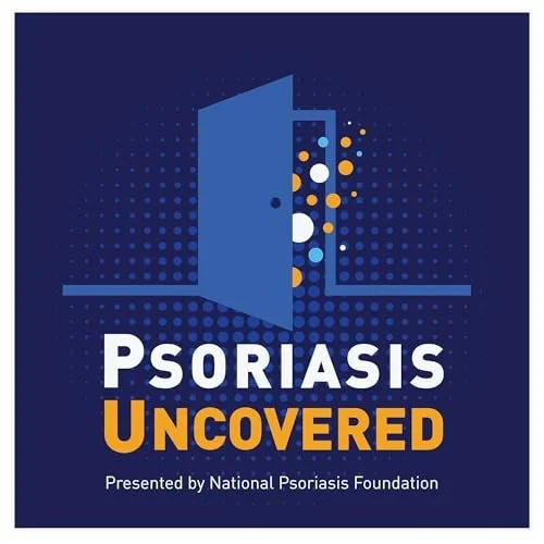 Logo for Psoriasis Uncovered, presented by the National Psoriasis Foundation, featuring an open door with colorful circles around it on a dark blue background.