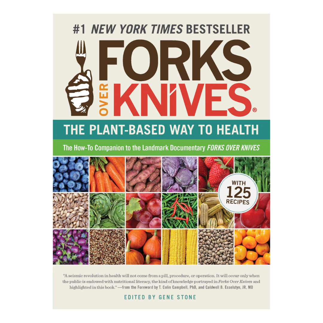 Book cover titled 'Forks Over Knives: The Plant-Based Way to Health' with 125 recipes, featuring a hand holding a fork and images of various fruits and vegetables.