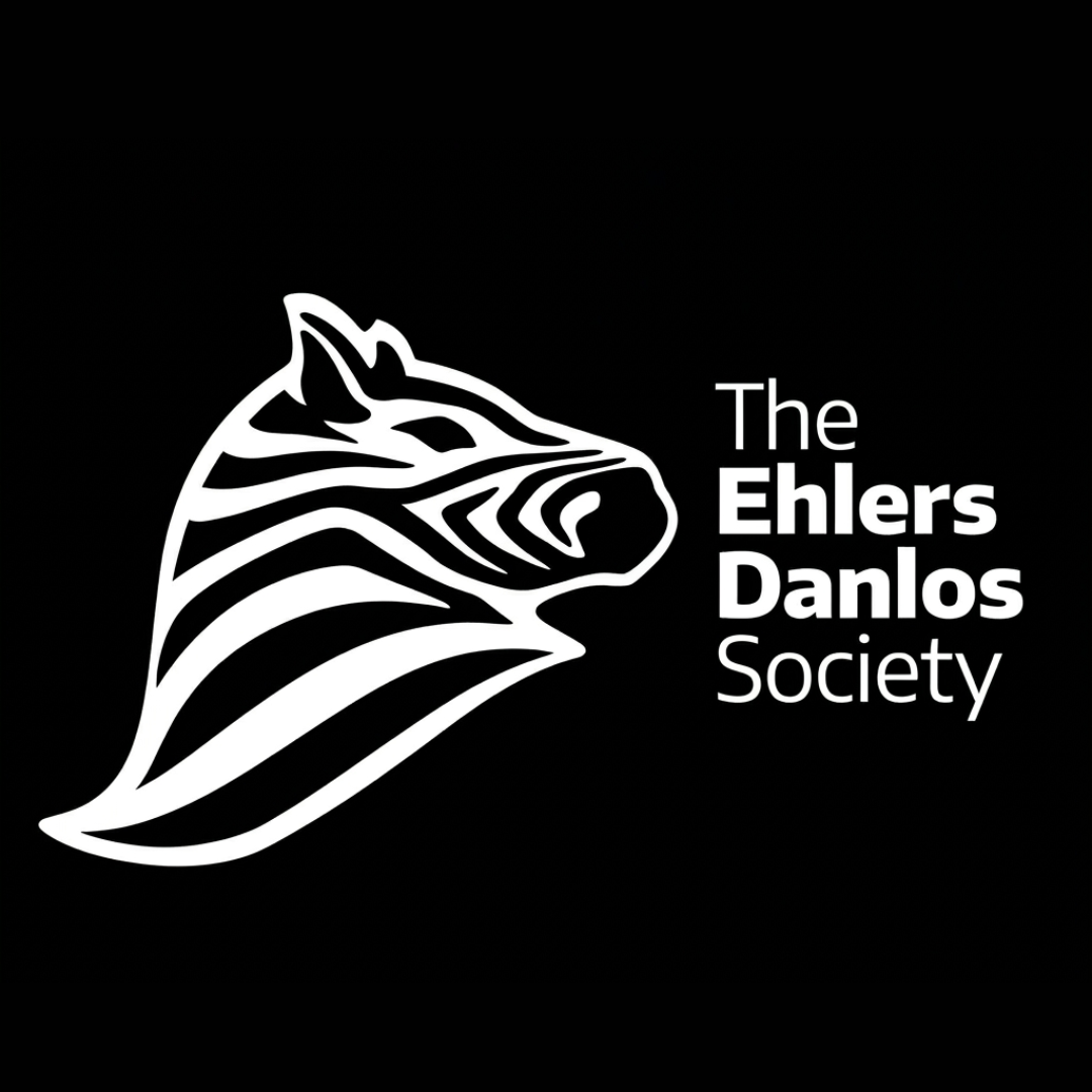 Logo of The Ehlers Danlos Society featuring a stylized zebra head in white on a black background.