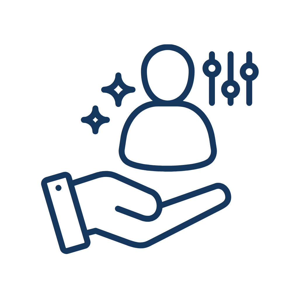 Outline icon of a hand holding a person, with sparkles and sparkle effects around the person, symbolizing care, support, or quality service.