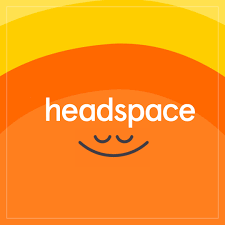 Image with the Headspace logo featuring a stylized smiling face beneath the word 'headspace' in white text on an orange background with yellow, orange, and red curved bands.