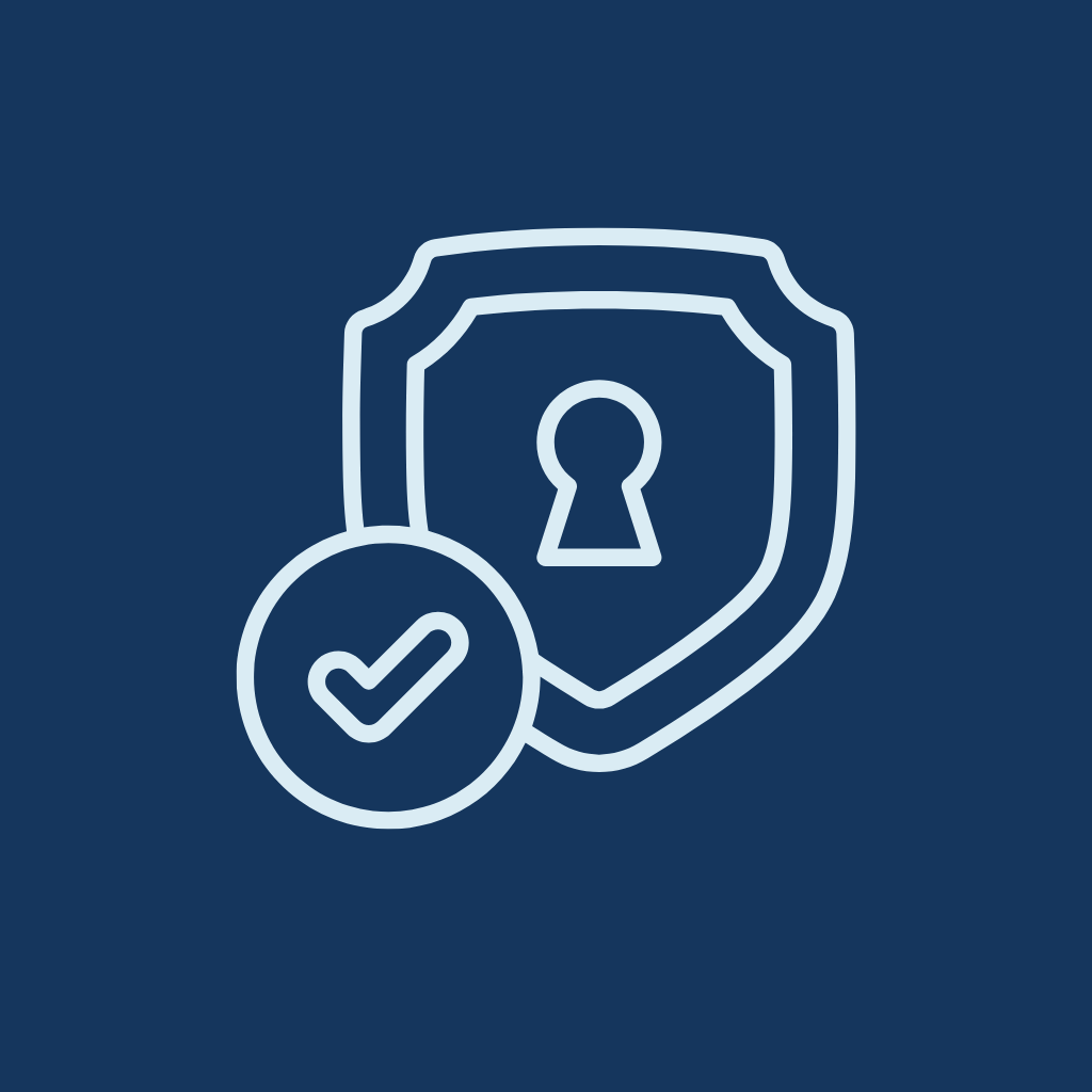 A security shield icon with a checkmark in front, symbolizing security or protection.